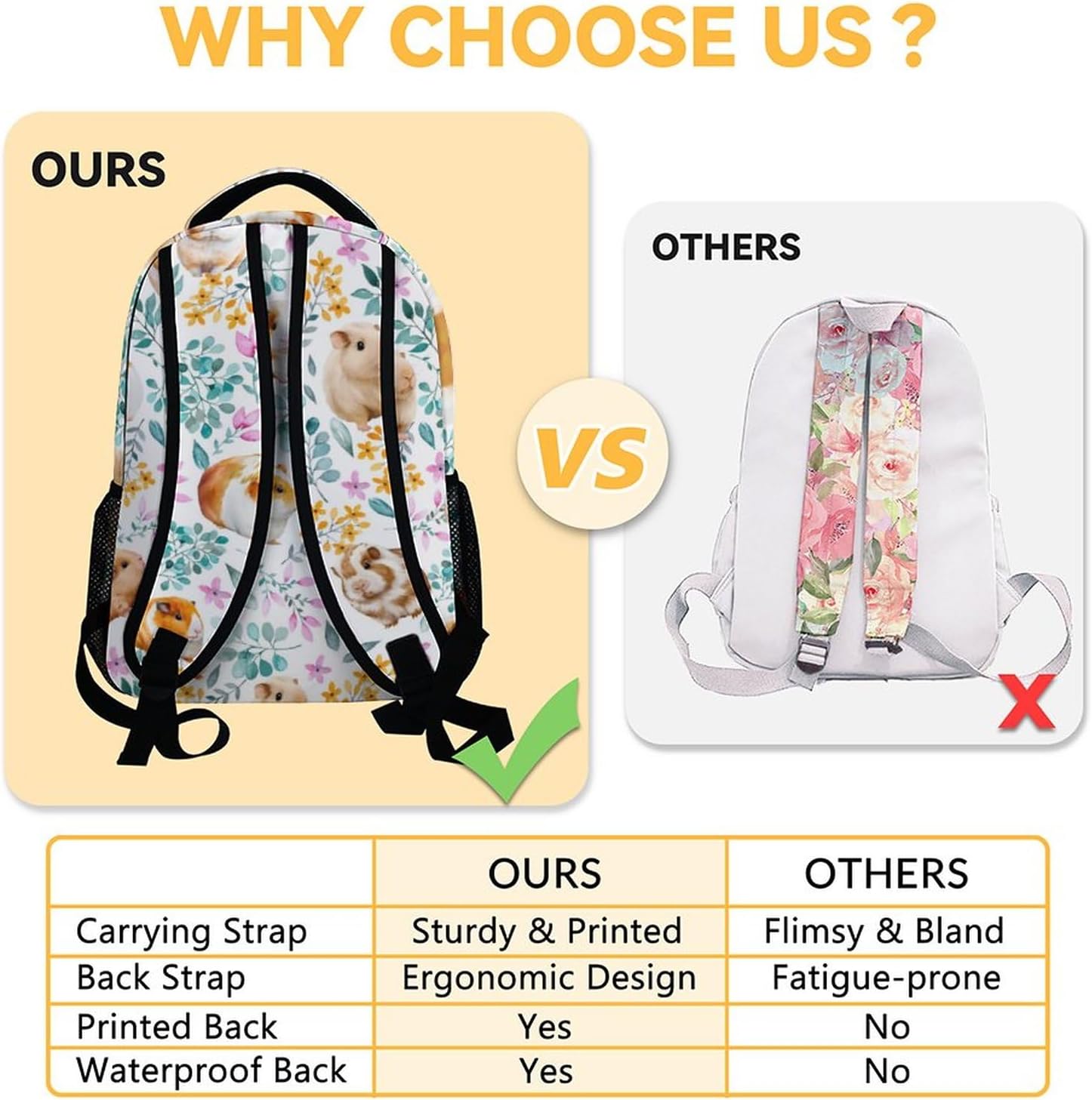 Personalized Guinea Pig Girls Backpack for School with Name, 16 Inch White Backpacks for Kids, Cute Lightweight Durable Bookbag for Travel