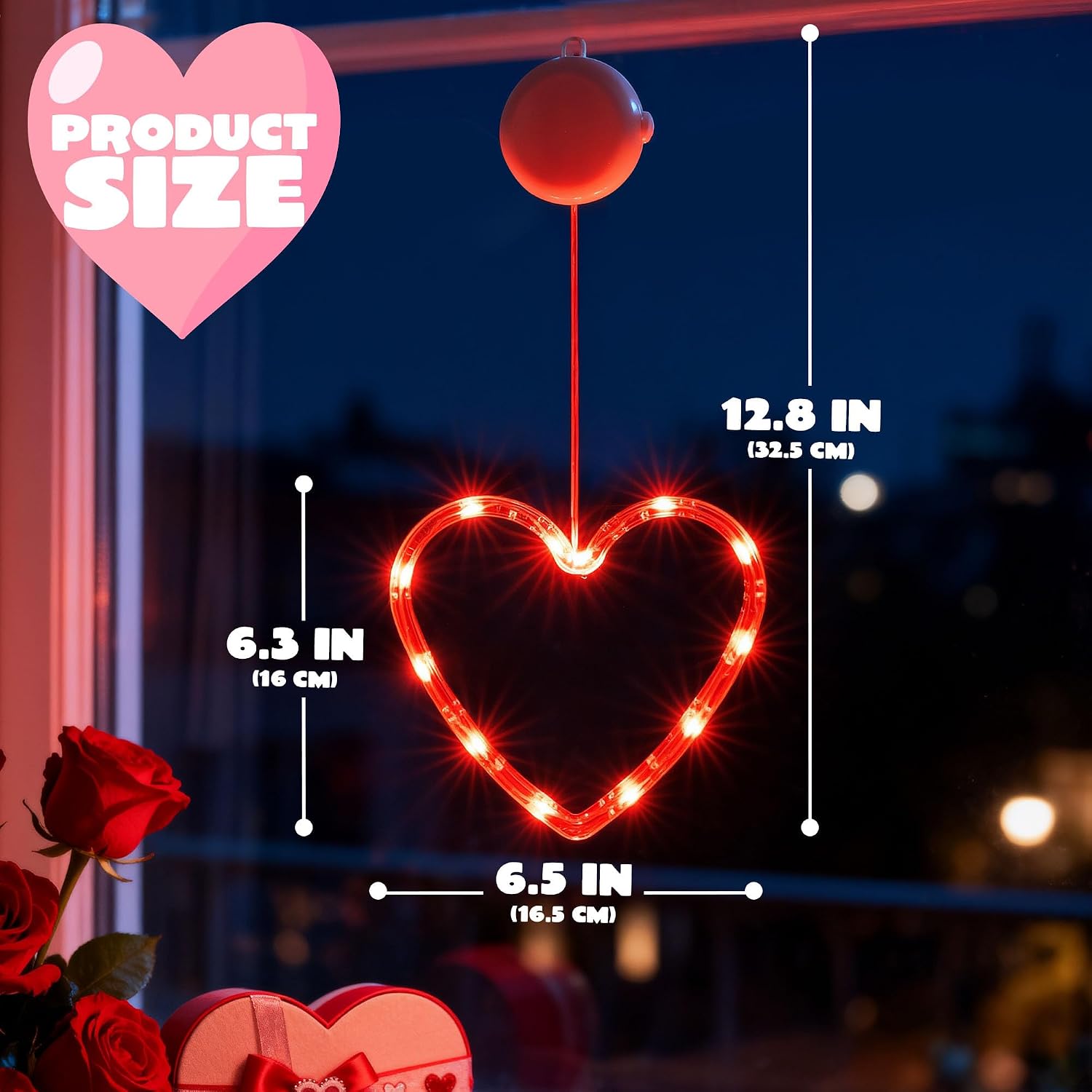 JOYIN 3 Pcs Valentines Window Lights, 6.5" Valentine's Day Red Heart Shaped Window Lights, Hanging Heart Silhouette LED Lights with Sucker for Valentines Party Indoor Decor, Home Kitchen Decoration