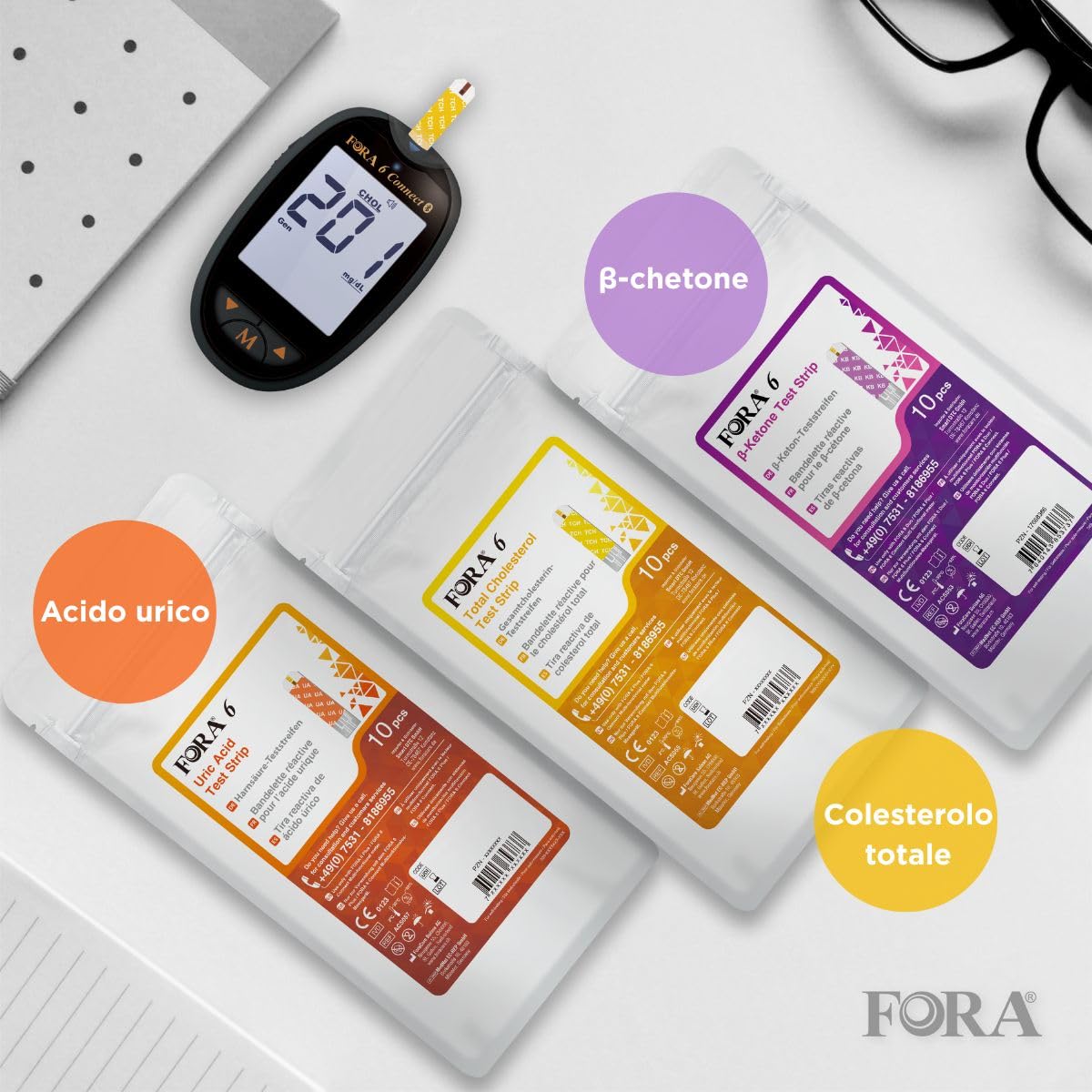 FORA 6 Connect - Misuratore di glicemia +10 Strisce acido urico