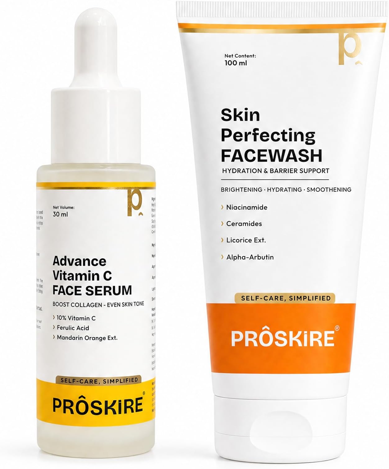 Proskire Face Wash & Vitamin C Serum Combo | Niacinamide + Ceramides for Cleanser & 10% Vitamin C Serum for Glow, Hydration & Dark Spot Reduction | For All Skin Types