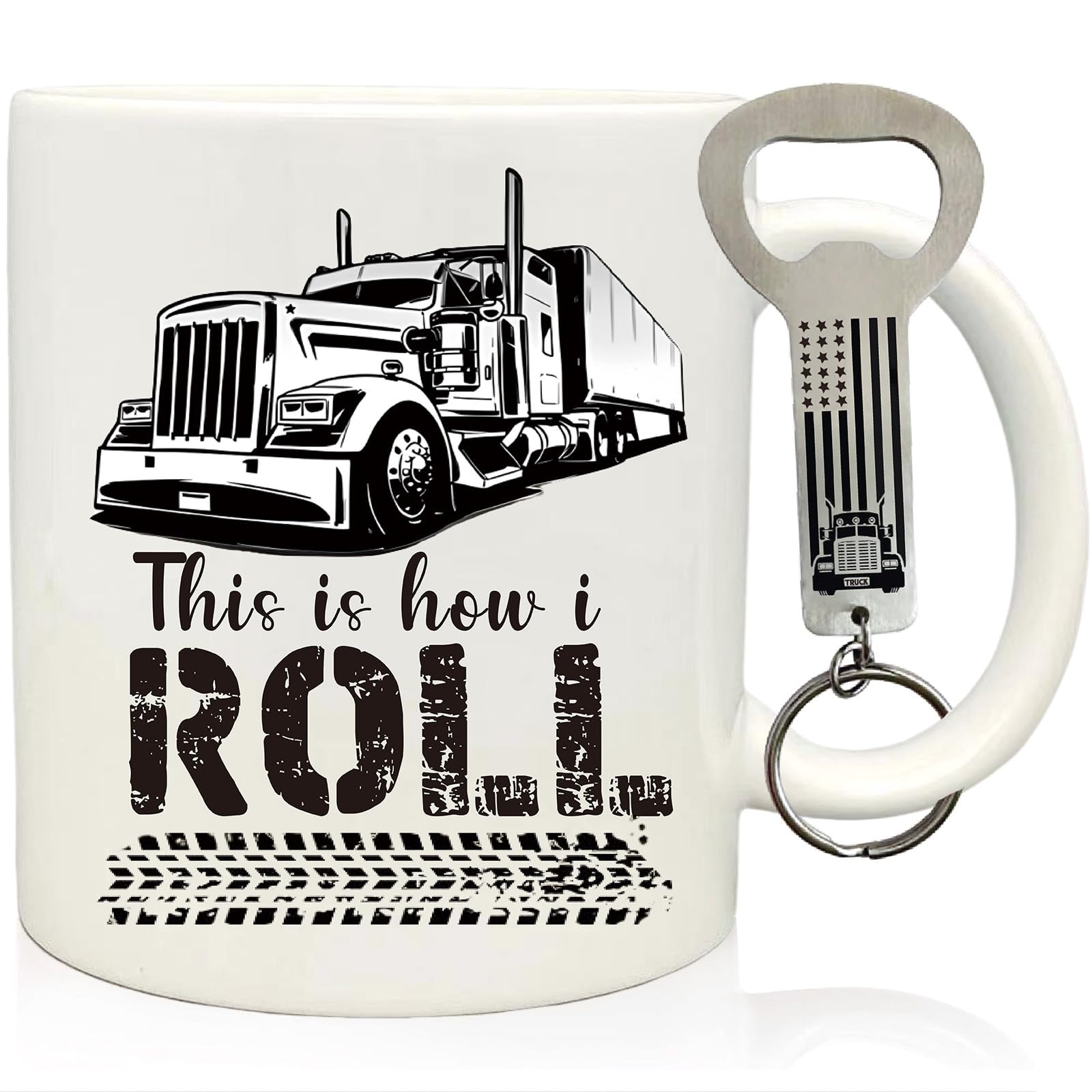 Truck Lover Gifts - This is How I Roll 11 Oz Ceramic Mug, Truck Driver Keychain Bottle Opener, Coffee Mug - Gifts for Trucker Dad, Husband, Boyfriend,
