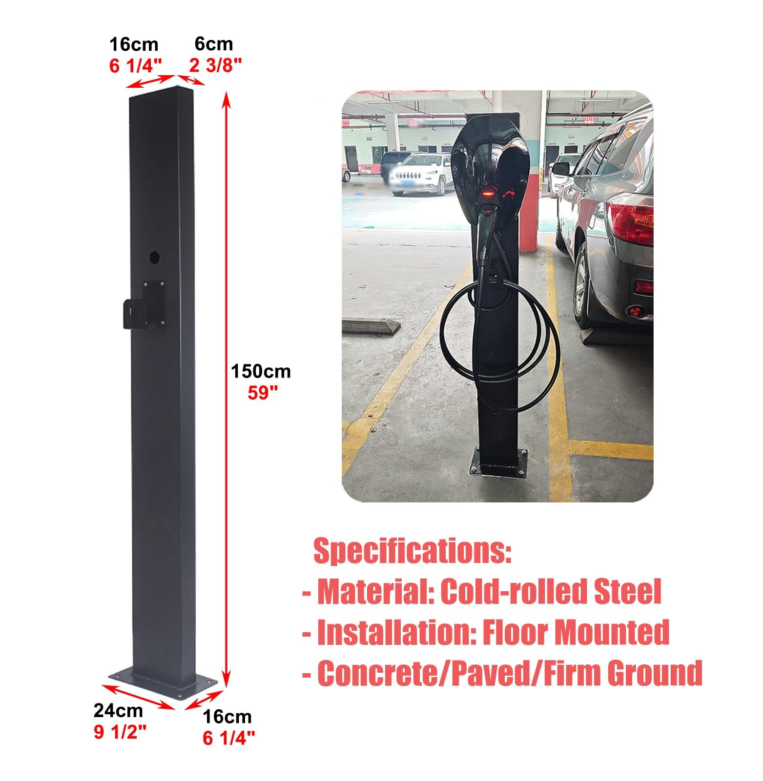 Pedestal para cargador de vehículos eléctricos en garaje con gancho para cable, soporte de acero laminado en frío para estación de carga de vehículos eléctricos, soporte para cargador de vehículos e