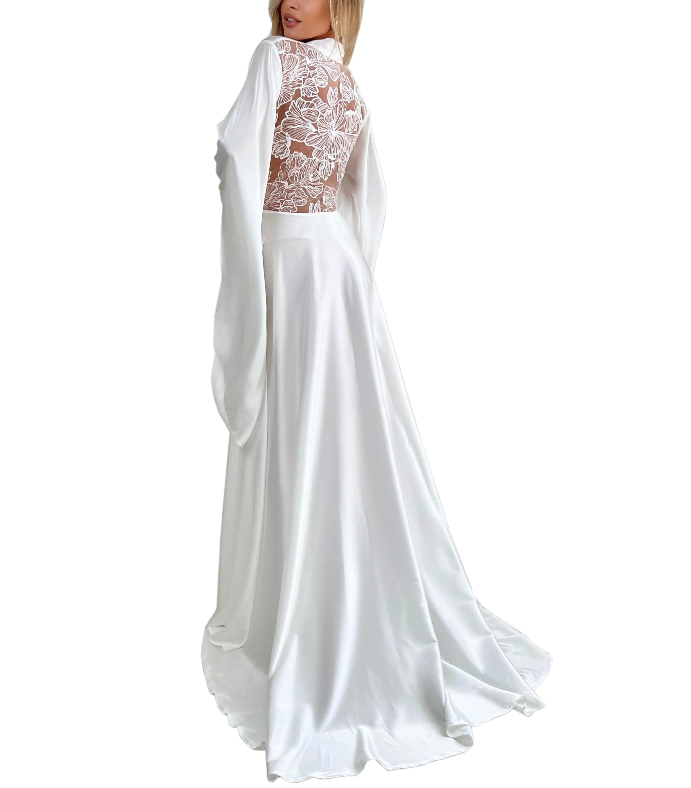 FIXRIMCH Satin Floor Length Robes for Women Lace Bride Kimono Nightgown Silk Bridesmaid Robes Wedding Party Sleepwear Dress