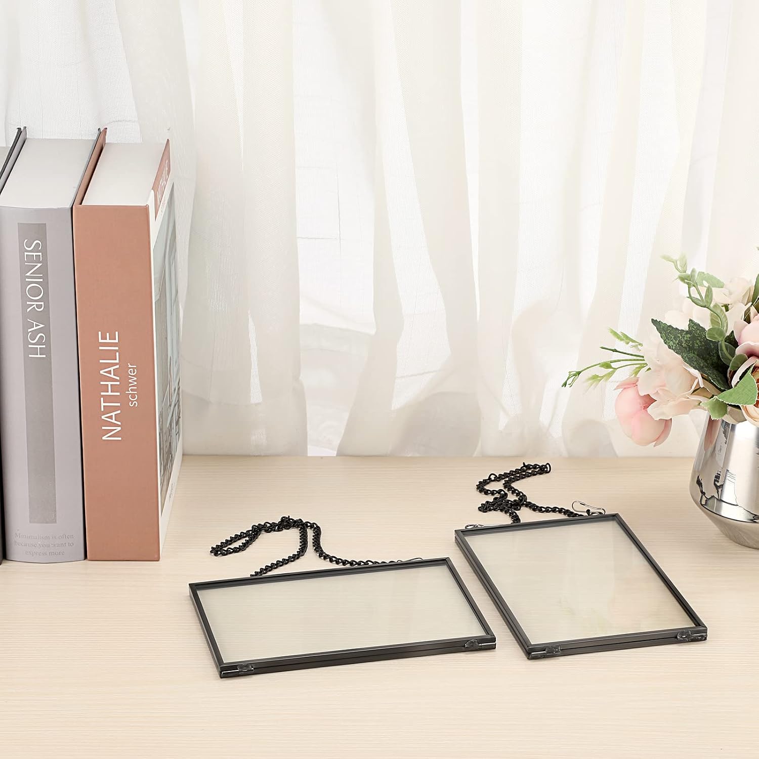 JUXYES Set of 2 Wall Hanging Brass Photo Frames for Pressed Flowers, Double Glass Hanging Picture Artwork Display Frame, Gold Floating Style Gallery Wall Frame for Photo Picture Poster etc, 4x6 Inches
