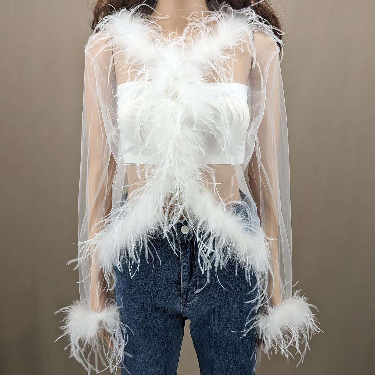 トップス ollun sheer feather tops Mesh Top for Women with Ostrich Feather Trim Gothic Clothes