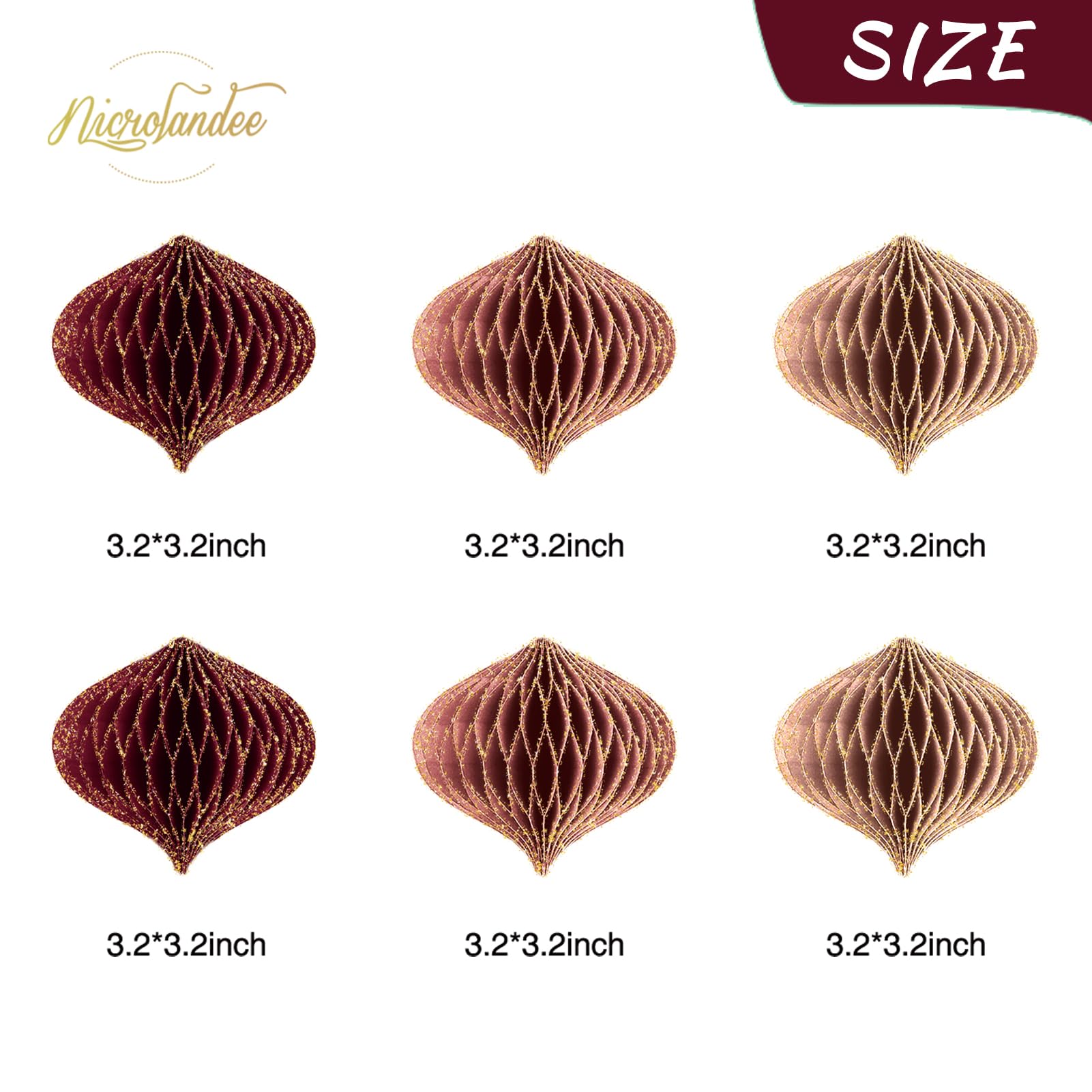NICROLANDEE Christmas Hanging Decorations, 6 PCS Nature Round Glitter Edge Paper Honeycomb Ornaments - Image 3
