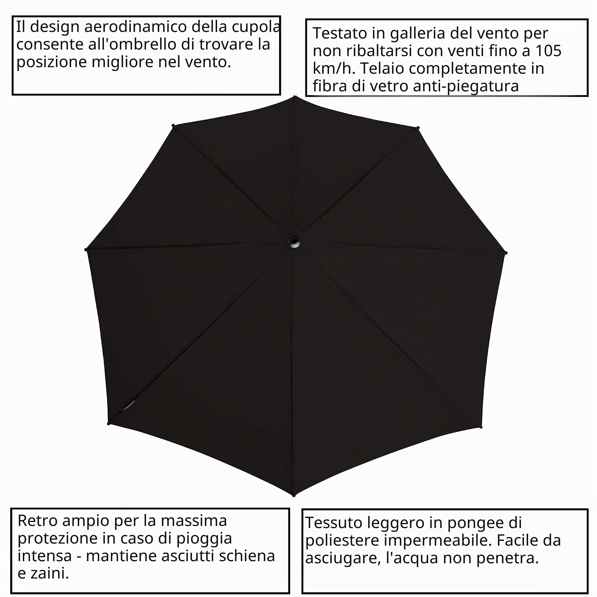 Storm - Ombrello antivento aerodinamico – resiste facilmente al vento fino a 150 km/h.