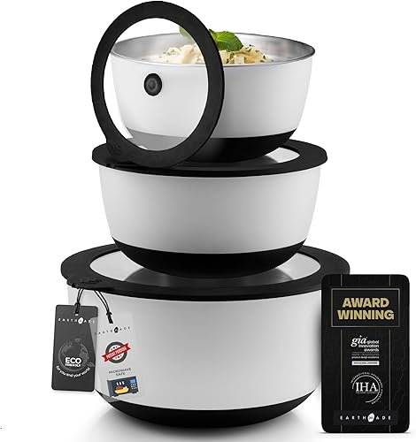 Juego de cuencos de acero inoxidable para microondas, marcadores y tapas de medición de capacidad, vanguardia de 1.5qt-2qt-4.5qt de vidrio