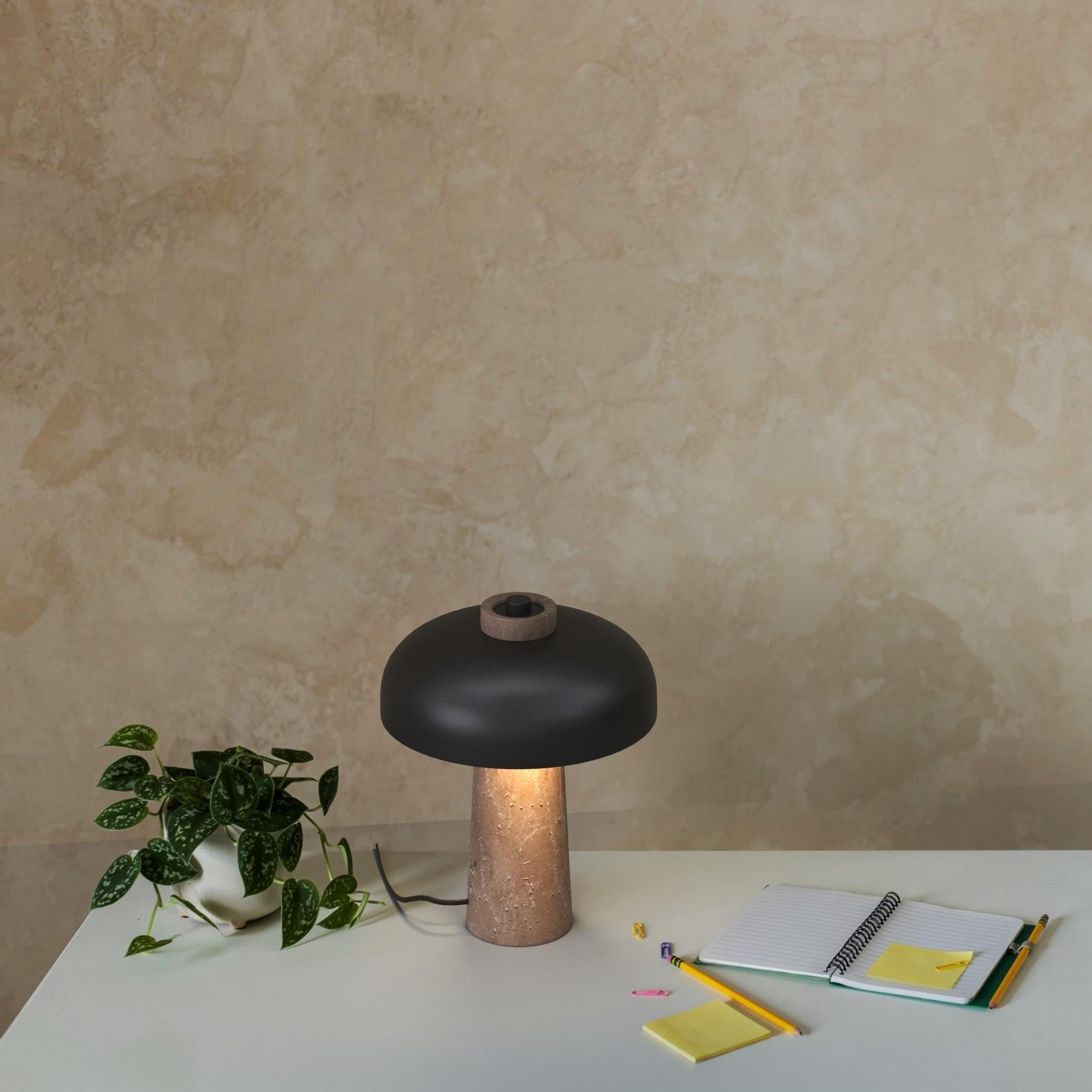 B·LED Barcelona Tischlampe aus Naturstein mit Marmorsockel, modernes minimalistisches Design, warmes LED-Stimmungslicht, Aluminium-Schirm in Weiß oder Schwarz, ideal für Wohnzimmer, Nachttisch
