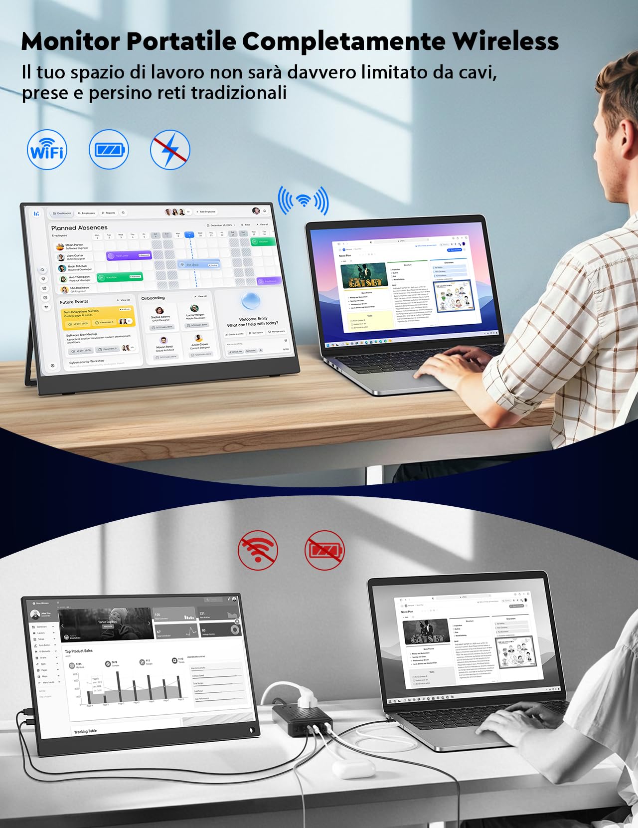 17.3" 2K Monitor Portatile Wireless (WiFi), 2560×1440P QHD Schermo Portatile Batteria Integrata(8000mAh), Monitor Portatil Senza Fili, Supporto AirPlay/Miracast, per Laptop/PC/Mac/Telefono/Tablet