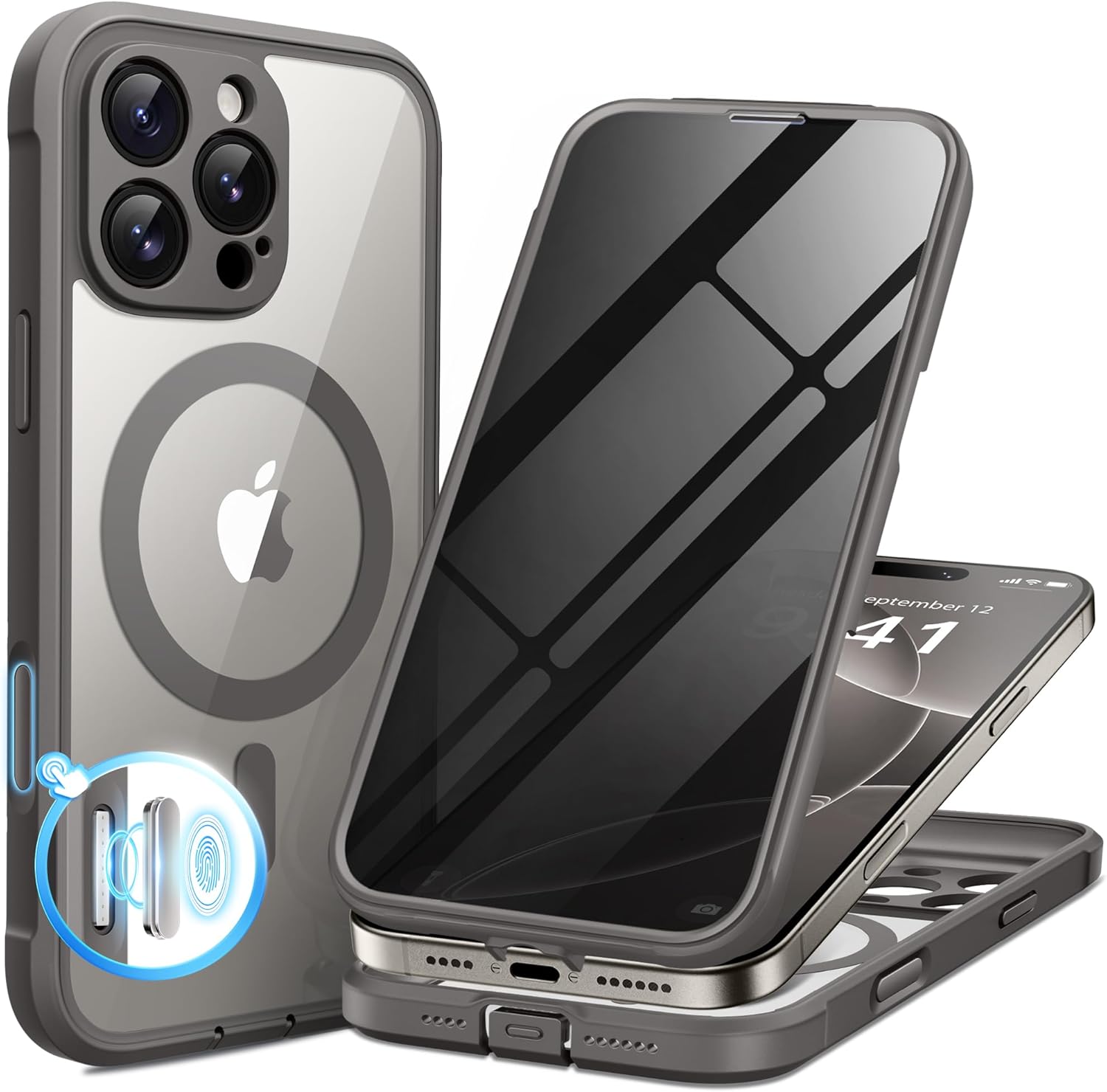 BERFY for iPhone 16 Pro Max Case, Compatible with MagSafe, Built-in Privacy Screen Protector and Camera Protection, Anti-Spy Full Body Shockproof Clear Phone Case for 16 Pro Max 6.9", Dark Grey