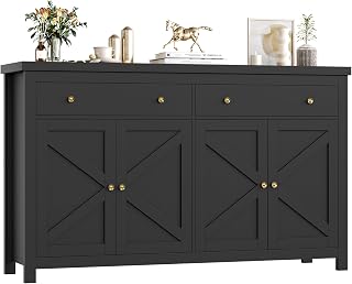 FOTOSOK Sideboard Buffet Cabinet with Storage, 55.1" Large Buffet Cabinet Kitchen Storage with Shelves and Doors, Farmhouse Coffee Bar Wood Sideboard Table for Kitchen, Black