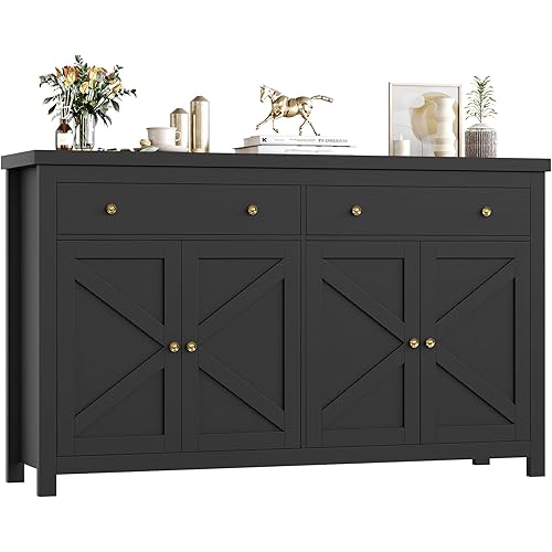 FOTOSOK Sideboard Buffet Cabinet with Storage, 55.1" Large Buffet Cabinet Kitchen Storage with Shelves and Doors, Farmhouse Coffee Bar Wood Sideboard Table for Kitchen, Black