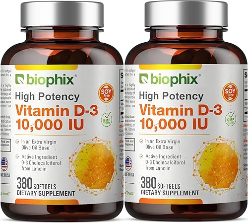 biophix Vitamina D-3 10000 UI 380 cápsulas blandas de vitamina - Alta potencia en aceite de oliva virgen extra sin OMG sin soja apoya la salud