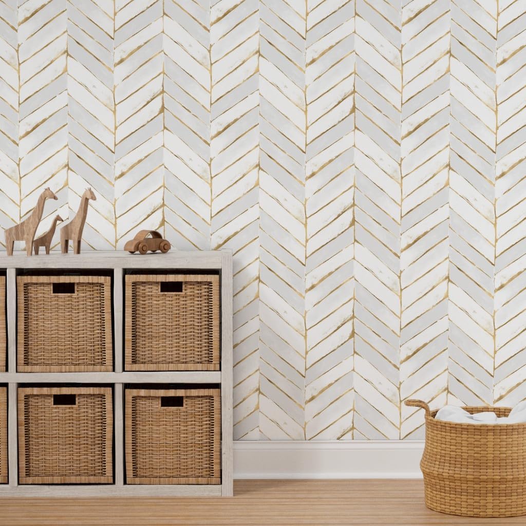 Spoonflower Peel & Stick Wallpaper 6ft x 2ft - Chevron Painted Farmhouse Yellow Gray Herringbone Custom Removable Wallpaper