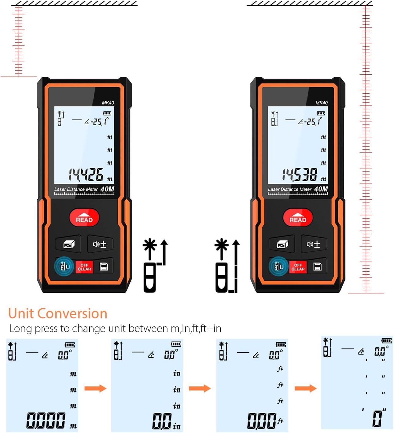 Handheld Digital Distance Meter Portable Area Measurement Finder High-Precision Finder M/in/Ft Data Storage Memory Function LCD Display Back Electronic Angle (40m)