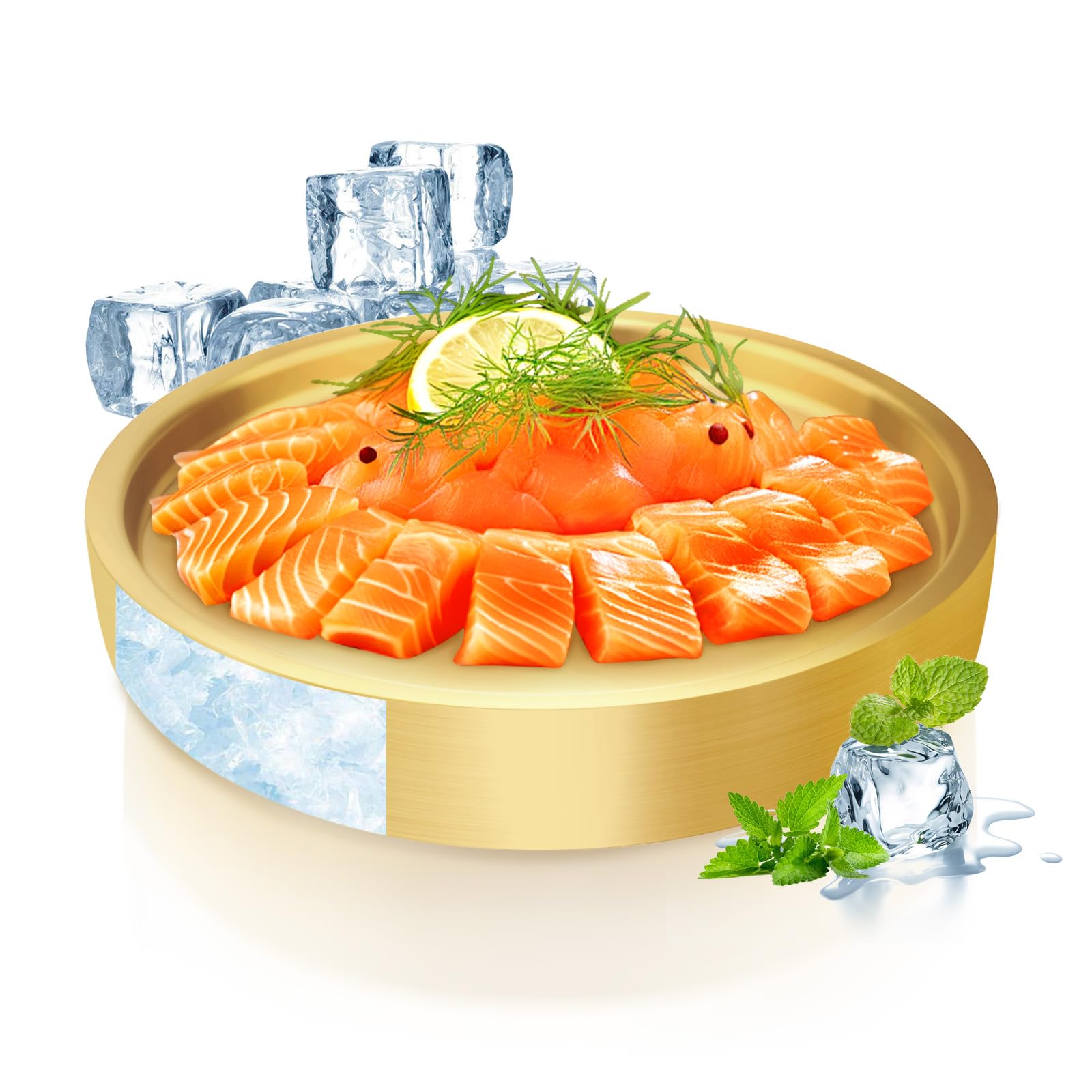 9.4" Stainless Steel Chilled Serving Trays for Parties Containers, Round Gold Ice Tray for Food Buffet Bowls Box Platter Server Cold Ice Vegetable Fruits Snacks Shrimp Cocktail Fridge (Gold)