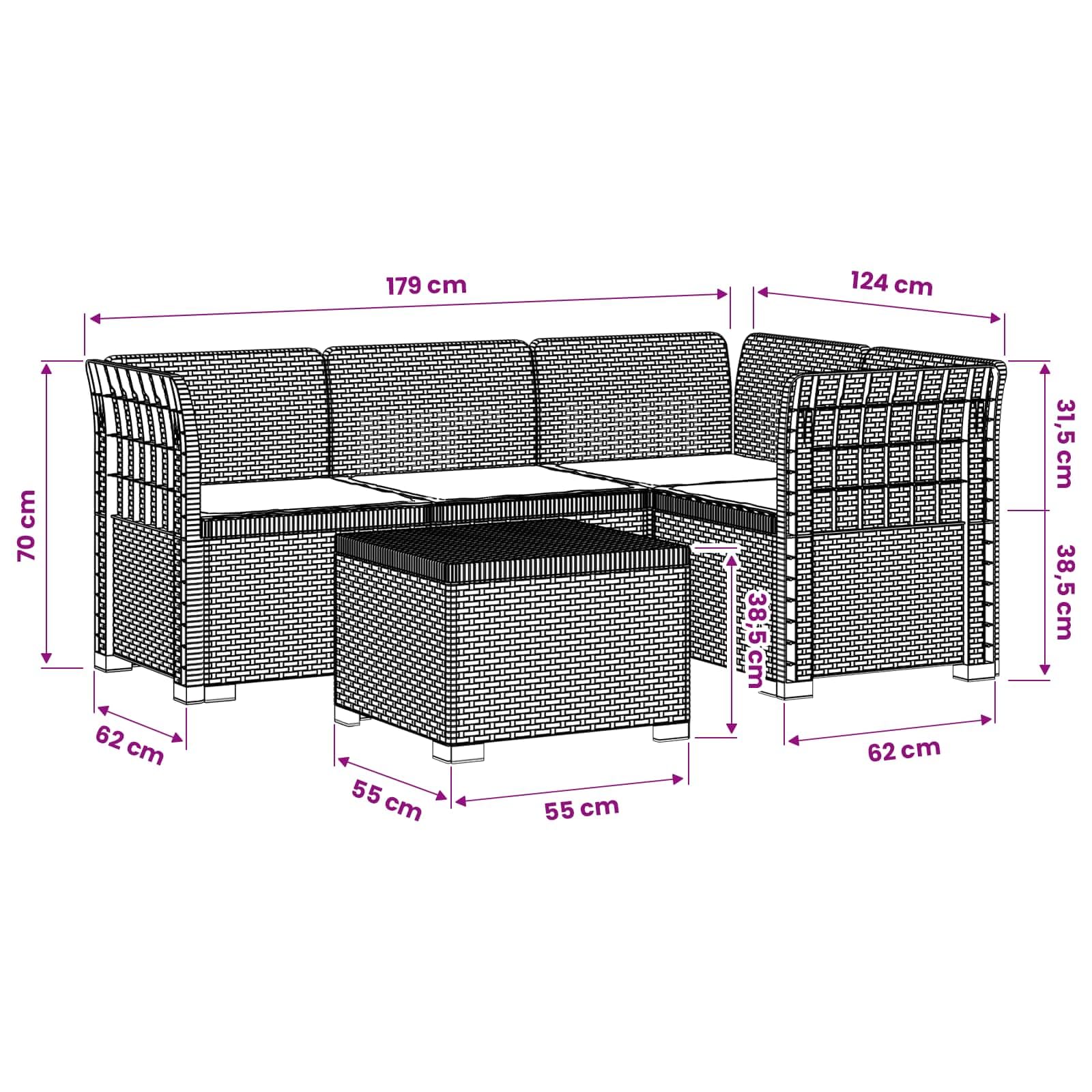 4-osobowa sofa ogrodowa z poduszkami, polipropylen, brązowa, wygląd rattanu, odporna na warunki atmosferyczne, modułowa, możliwość rozszerzenia, na taras, balkon, do relaksu i relaksu na