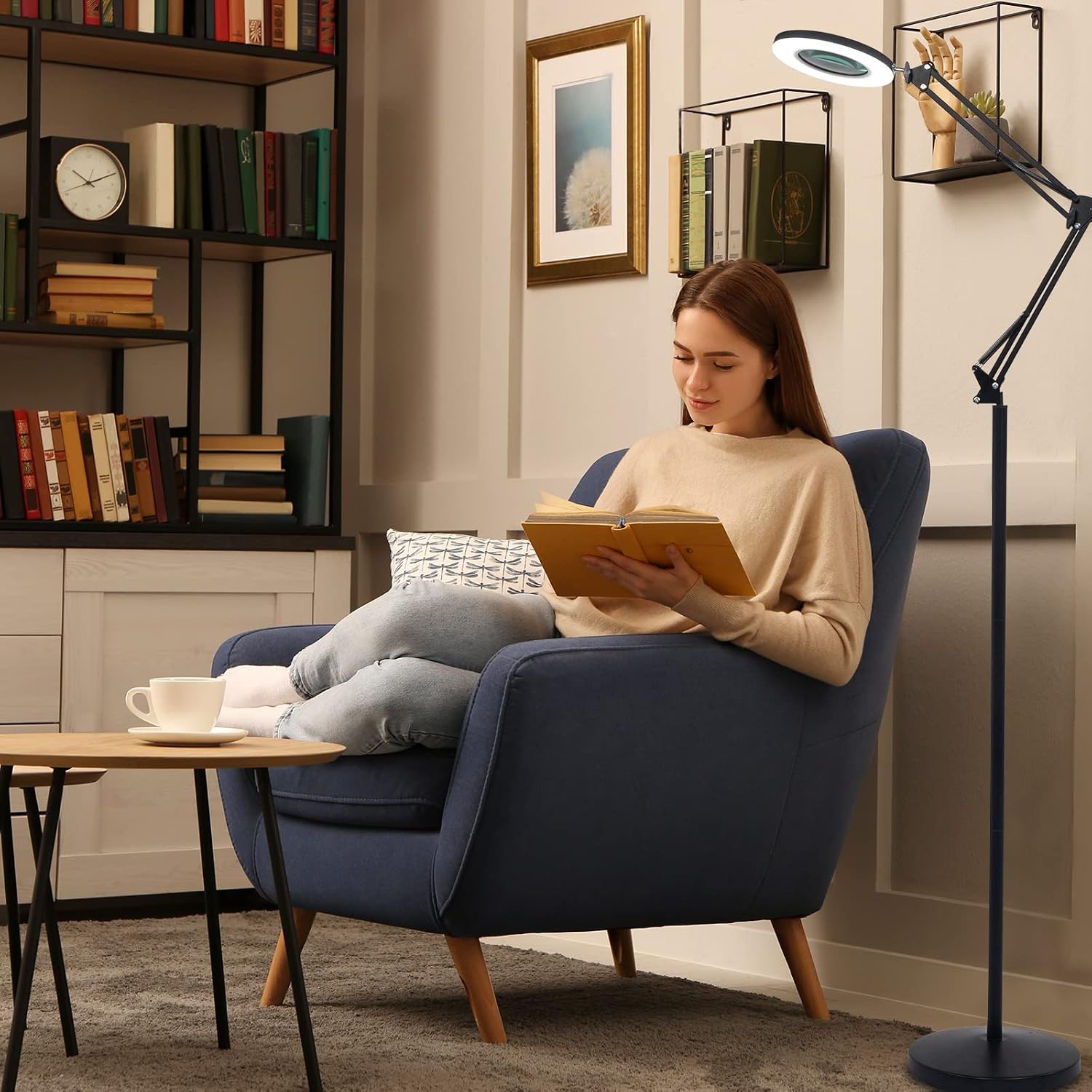 OmySalon 5X Magnifying Glass with Light, Magnifying LED Floor Lamp 3 Color Modes with Adjustable Stand and Swivel Arm for Facials & Lashes, Reading, Crafts, Black