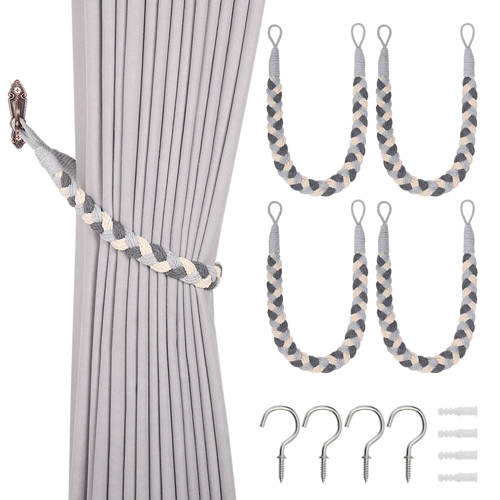 Pretty Jolly 4 Pack Natural Cotton Rope Curtain Tiebacks Elegant Boho Style Decorative Drape Tie Backs Soft Hand-Woven Rope Curtain Holdbacks with Metal Hook for Home & Office Drapery (Grey & Beige)