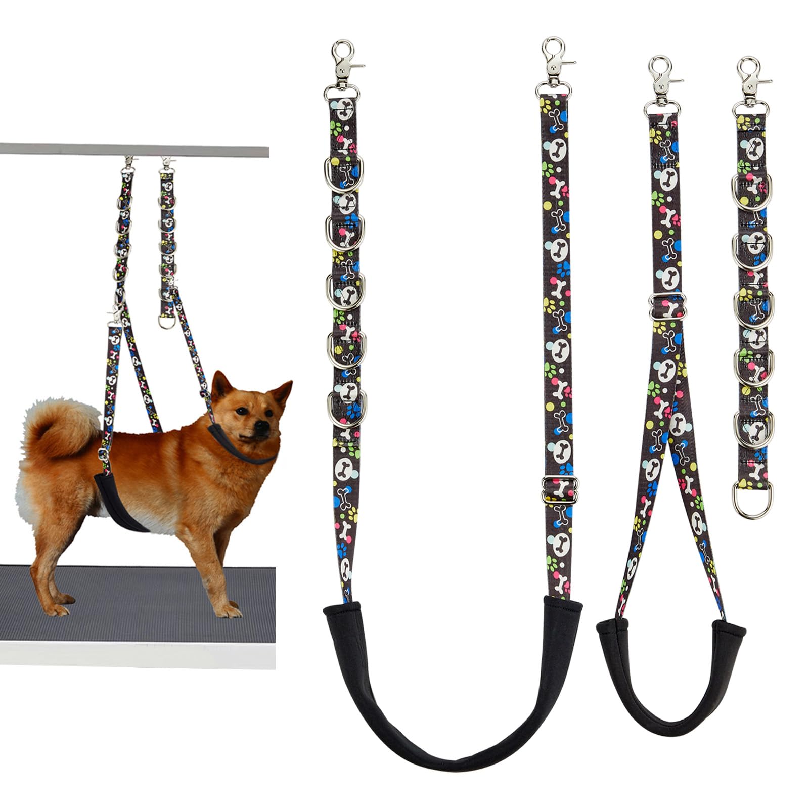 Dog Grooming Belly Straps – Adjustable Grooming Loops with Cute Paw & Bone Pattern – Pet Grooming Belly Support Band Table Accessories Restraint Noose