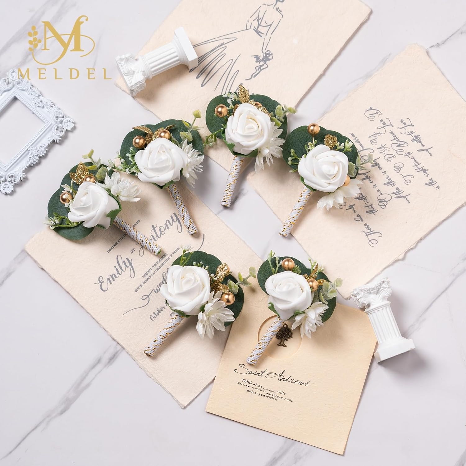 Meldel White Boutonniere for Men Wedding, Set of 6, Best Man Groom Groomsmen Boutonniere, Men Boutonnieres for Wedding Prom Party Homecoming - Image 4