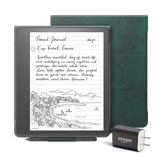 Kindle Scribe Essentials Bundle including Kindle Scribe (64 GB), Premium Pen, Brush Print Leather Folio Cover with Magnetic Attach - Foliage Green, and Power Adapter
