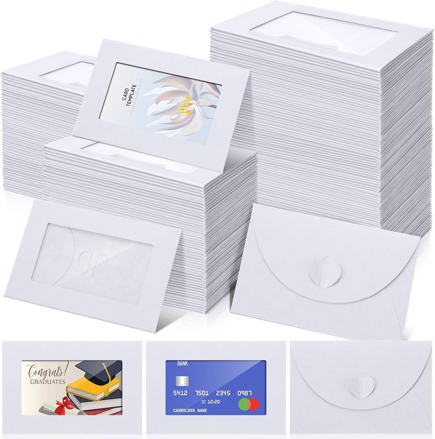 Uiifan 300 Pcs Window Gift Card Envelopes 4 x 2.8 Inch Gift Card Sleeves Mini Envelopes with Heart Shaped Clasp for Business Party Greeting Invitation(White)