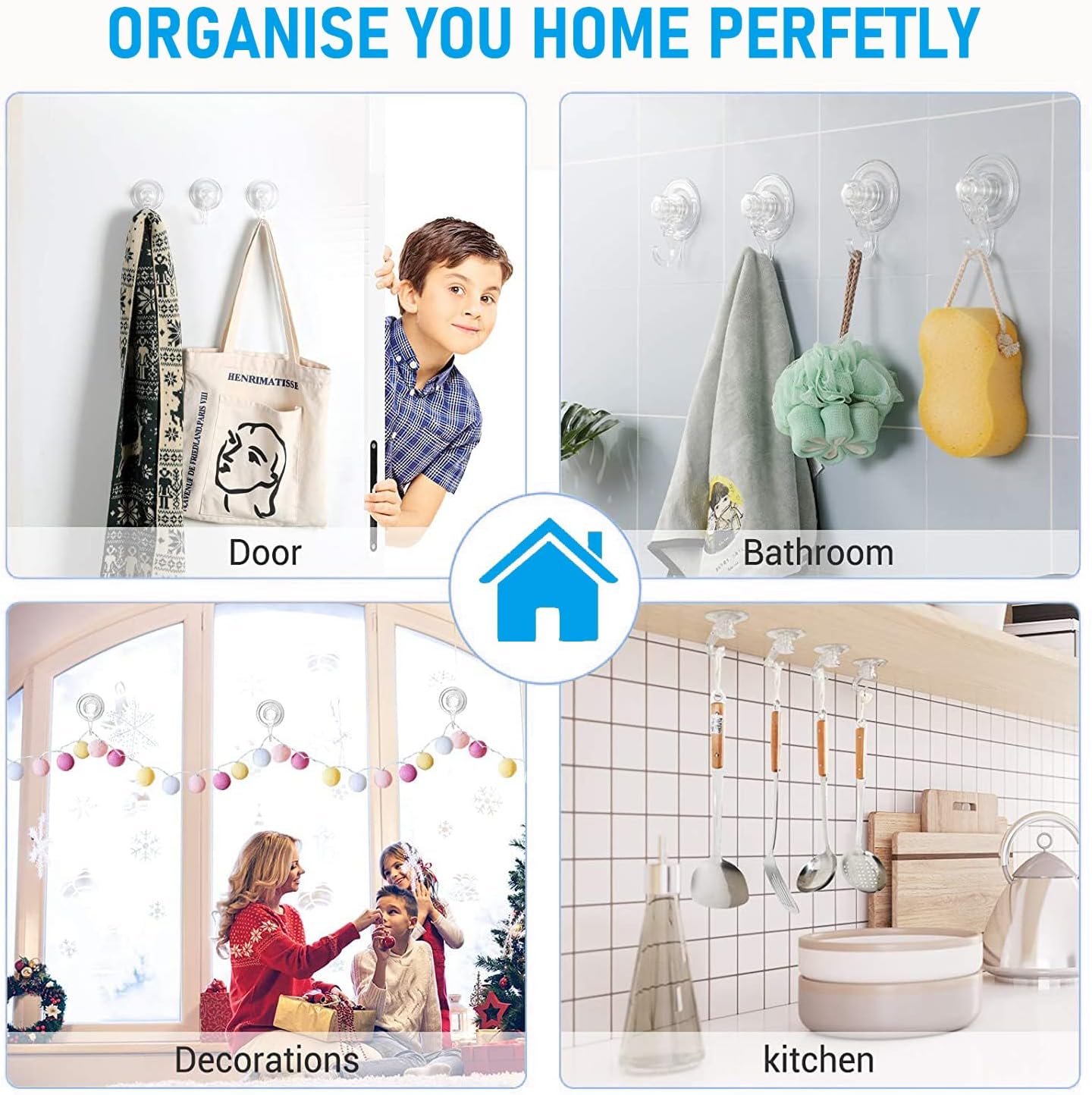 Quntis Suction Cup Hooks 4 Pack, Multi-Purpose Clear Shower Suction Hooks