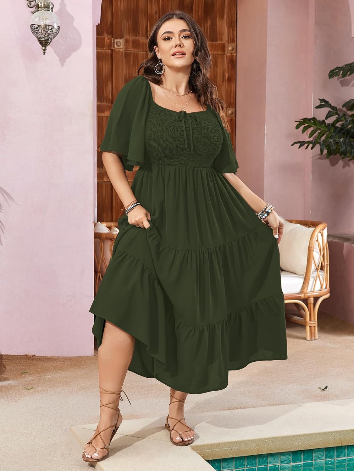 SCOMCHIC Women's Plus Size Flowy Maxi Dress Flutter Short Sleeve Boho Dress Square Neck Smocked Formal Dresses for Women - Image 6