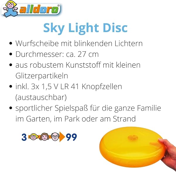 alldoro Sky Light, diámetro Aprox. Disco Frisbean de 27 cm con 3 LED para Playa, jardín y Exterior, Juego de Lanzamiento para niños a Partir de 4 años y Adultos, Color Naranja, (63019) - 5