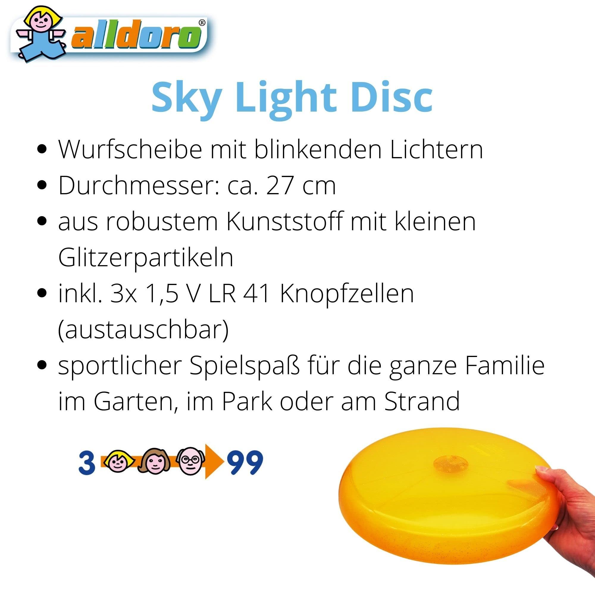 alldoro 63019 Sky Light Disc, werpschijf ca. 27 cm, frisbeeschijf met 3 leds, voor strand, tuin en outdoor, werpspel voor kinderen vanaf 4 jaar en volwassenen, oranje