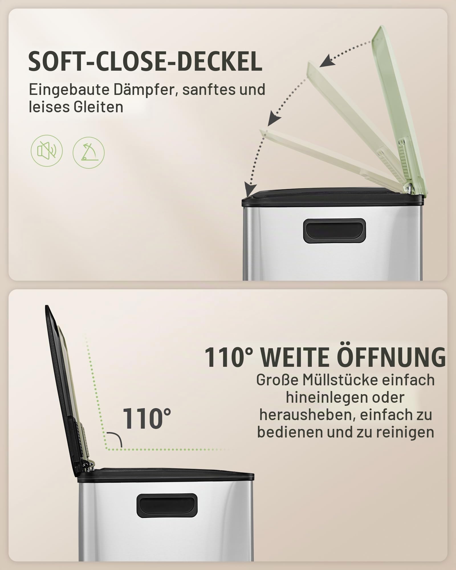 Hzuaneri Mülleimer Küche, 2 x 30 L, Mülltrennsystem 2 Fächer, Mülleimer mit Farbigem Soft-Close-Deckel und Pedal, Küchenabfalleimer mit Inneneimer, Stahl, inklusive 15 Müllbeuteln, Silber SW23199E