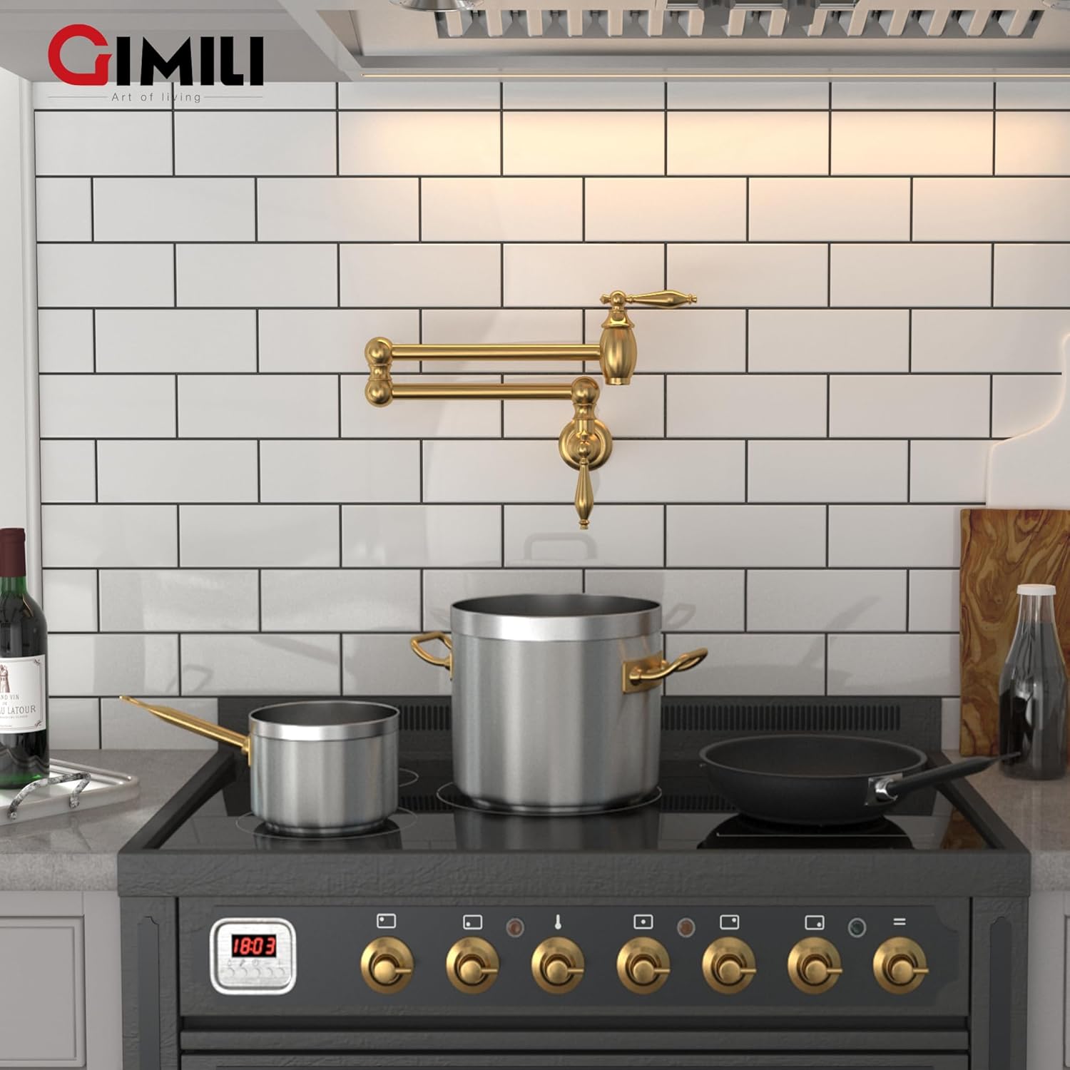 GIMILI Brushed Gold Pot Filler Faucet Wall Mount Kitchen Faucets Over Stove Faucet Folding Faucet with Double Joint Swing Arms