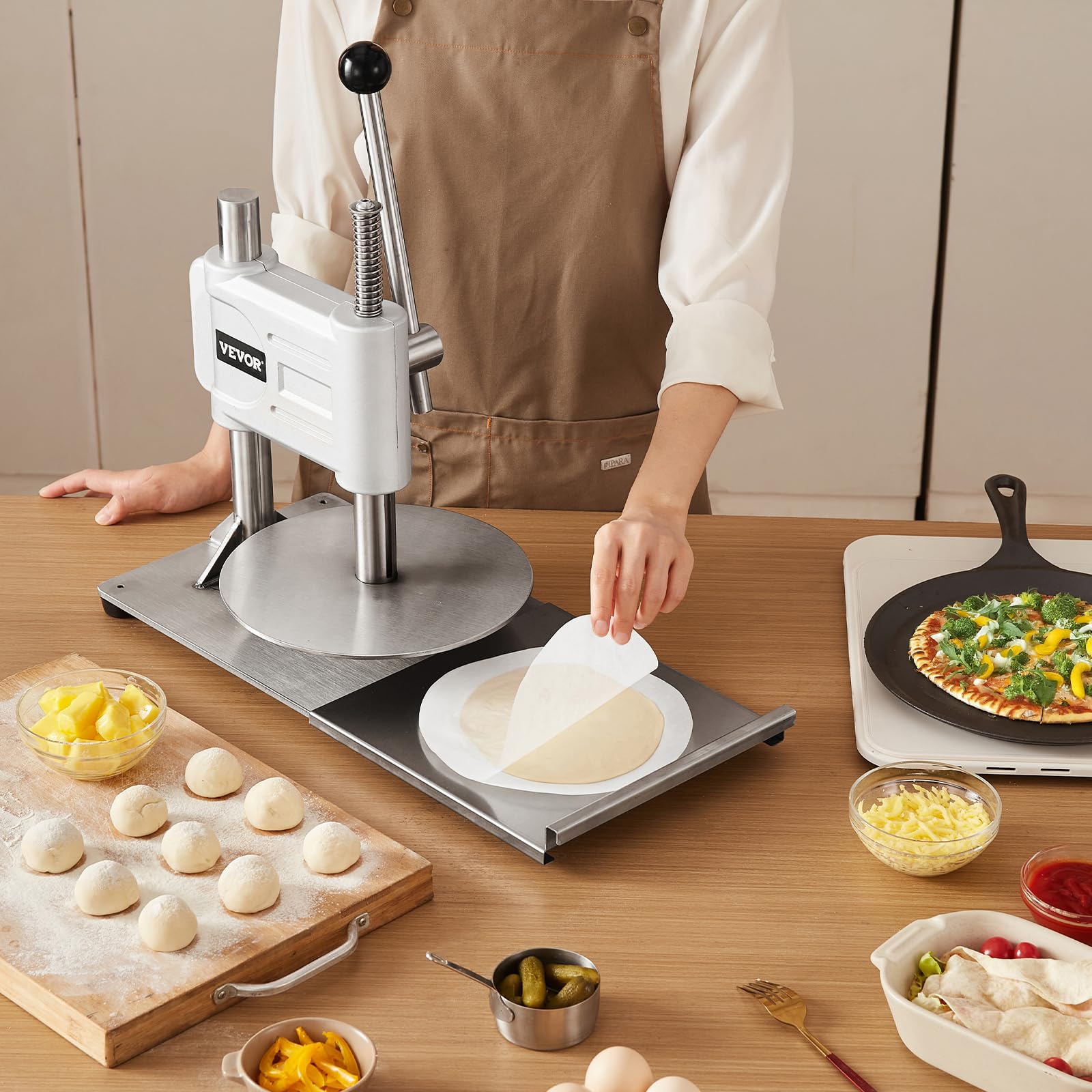 VEVOR Macchina per Pressatura Manuale della Pasta per Pizza, Piastra per Pressatura della Pasta per Pizza in Acciaio Inossidabile, Macchina Formatrice con Maniglia e 100 Fogli di Carta da Forno