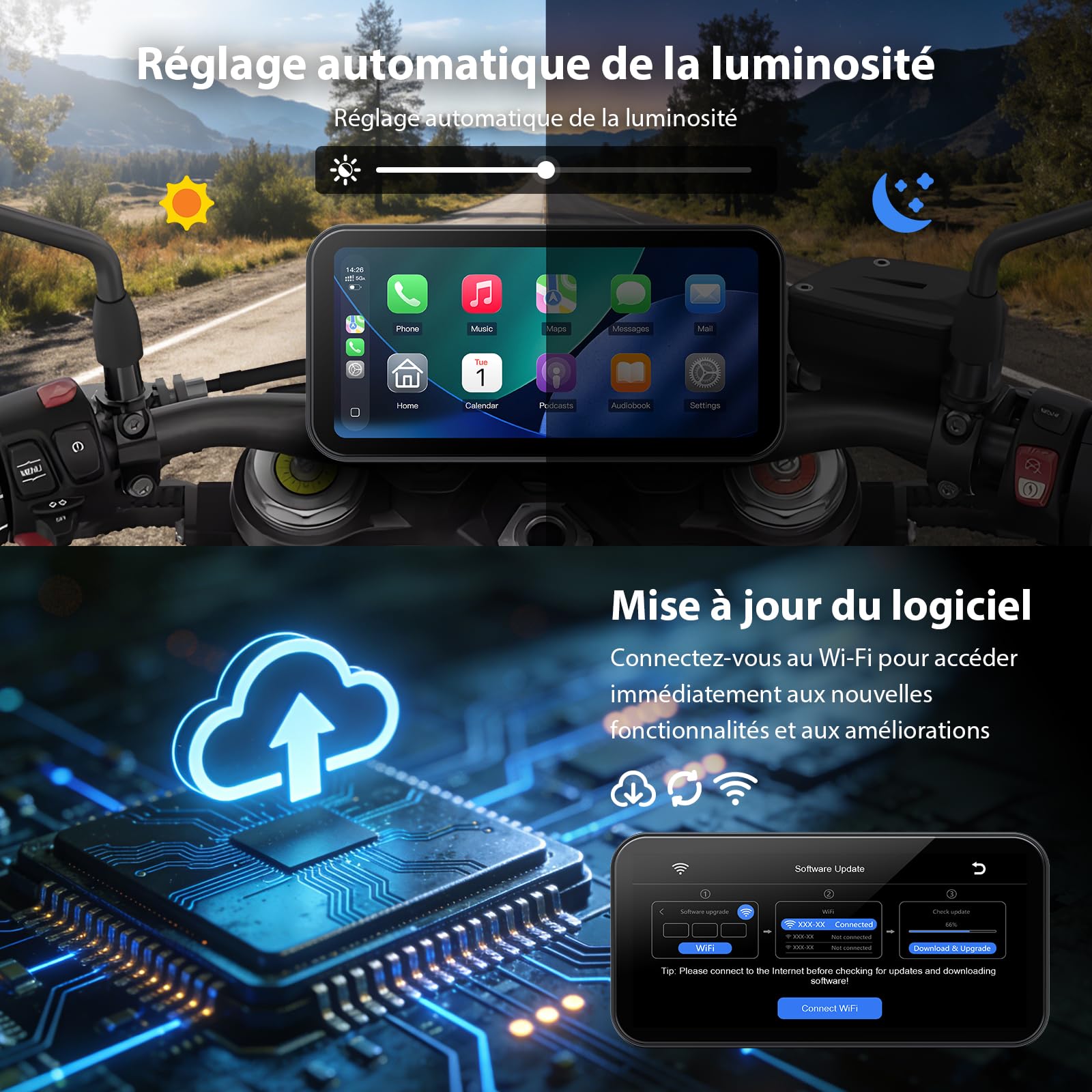Écran Moto CarPlay 6 Pouces A622, CarPlay et Android Auto sans Fil, Écran Tactile Étanche IP67, TPMS, Double Bluetooth, GPS, Alimentation USB/ACC, Compatible avec Toutes Les Motos
