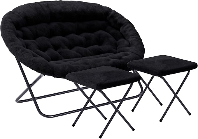 Sillón Plegable Descanso con 2 Puffs Peluche Negro miniatura 3