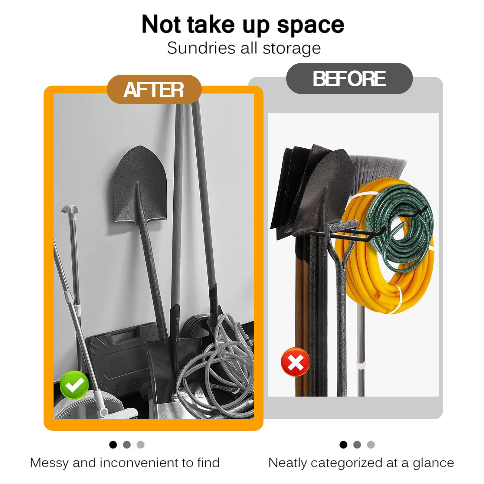 WMLBK Supporto da parete in metallo con 4 ganci doppi e 2 pannelli, portata 100 kg, per pale, scope, rastrelli e attrezzi da giardino in garage, giardino, cantina