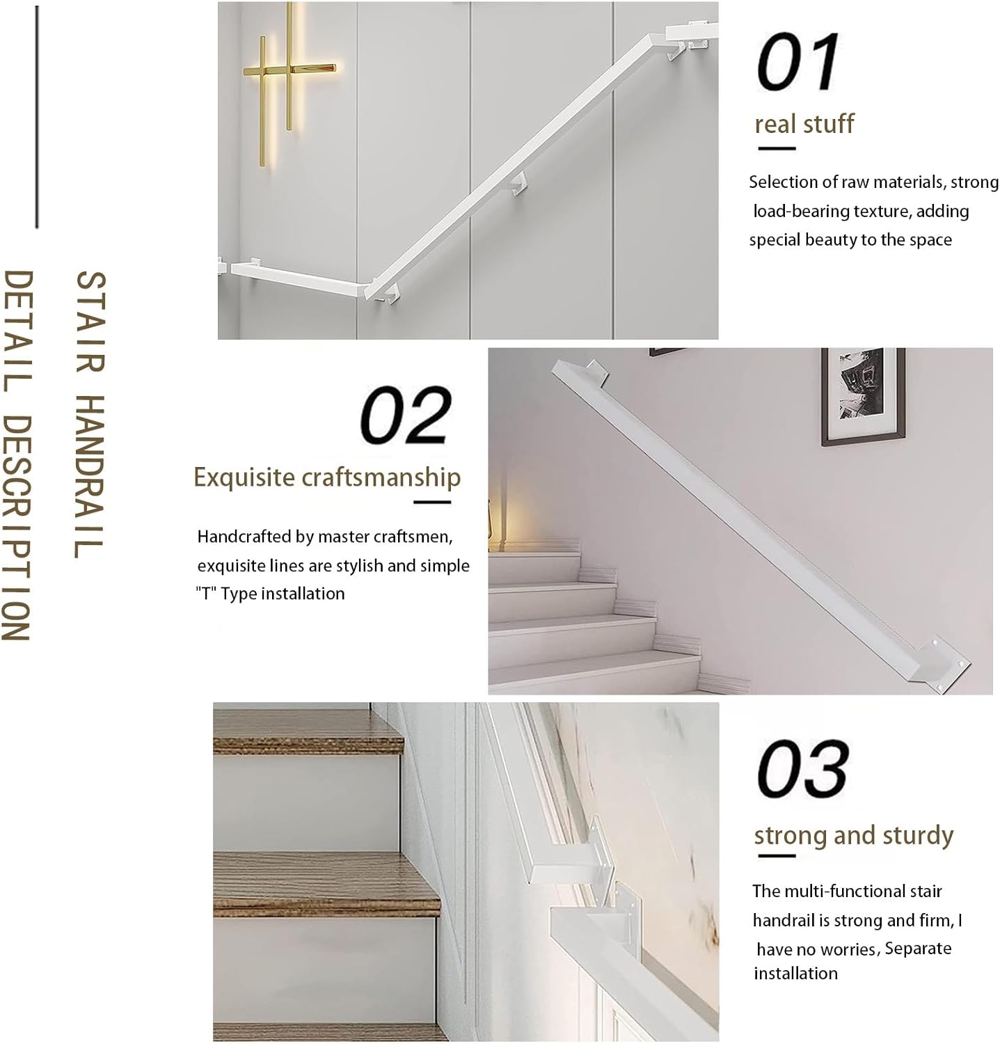 Handrail for Stairs, White Square Stair Railing Support Kit Wall Mount Staircase Bannister Hand Rails Non-Slip Grab Bar Indoor Outdoor Loft Steps (Size : 6 FT)