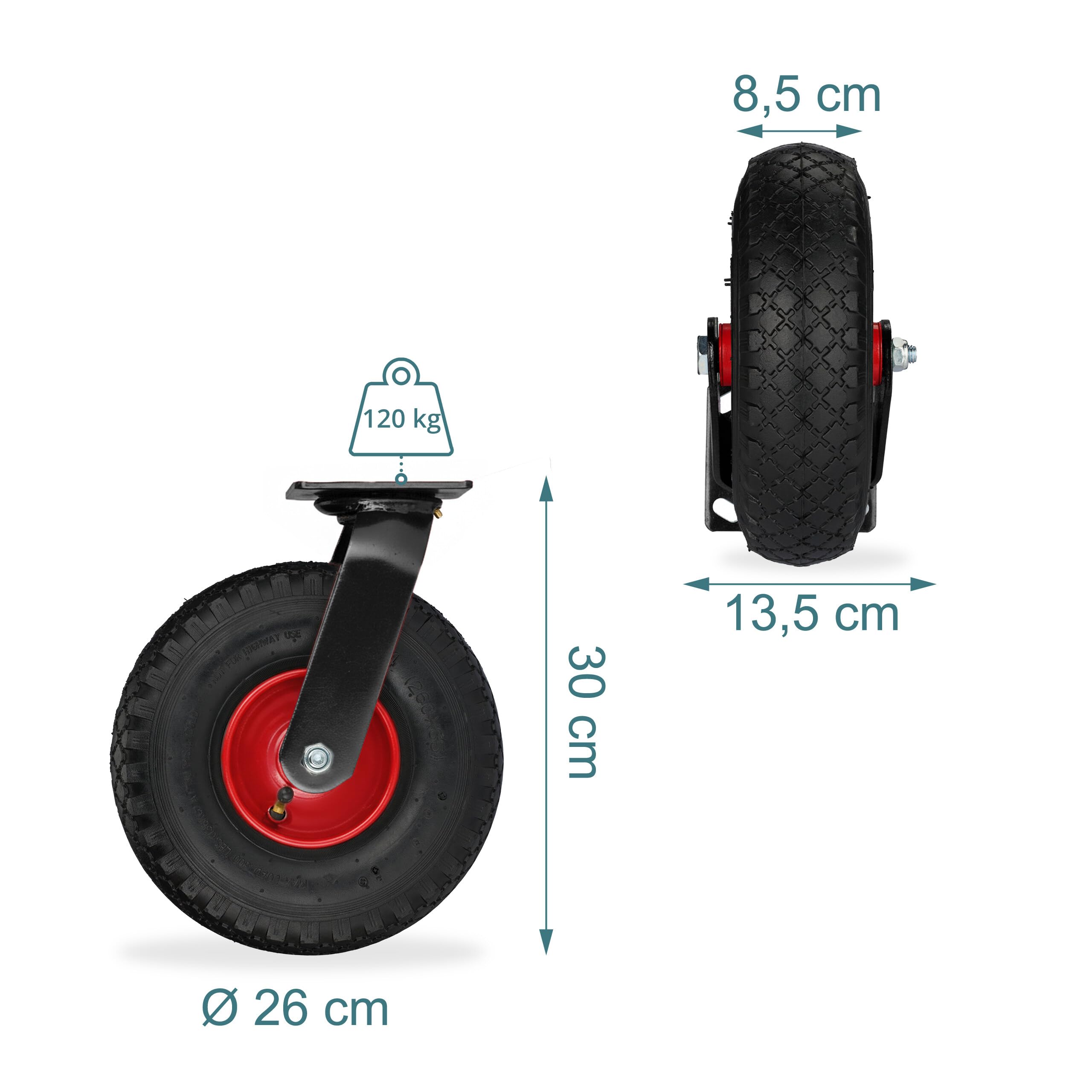 Relaxdays Set da 2 Ruote girevoli pneumatiche 3.00-4, 120 kg, Piastra da avvitare, Nero-Rosso