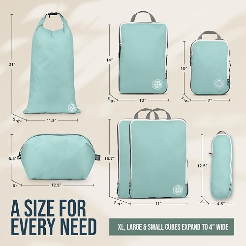 Large Packing Cubes for Travel-Extra Large Compression Packing Cube Luggage Organizers 7 Piece Set-Ultralight, Expandable/Compression Bags for Clothes by TRIPPED Travel Gear (DustyTeal/White) - 4