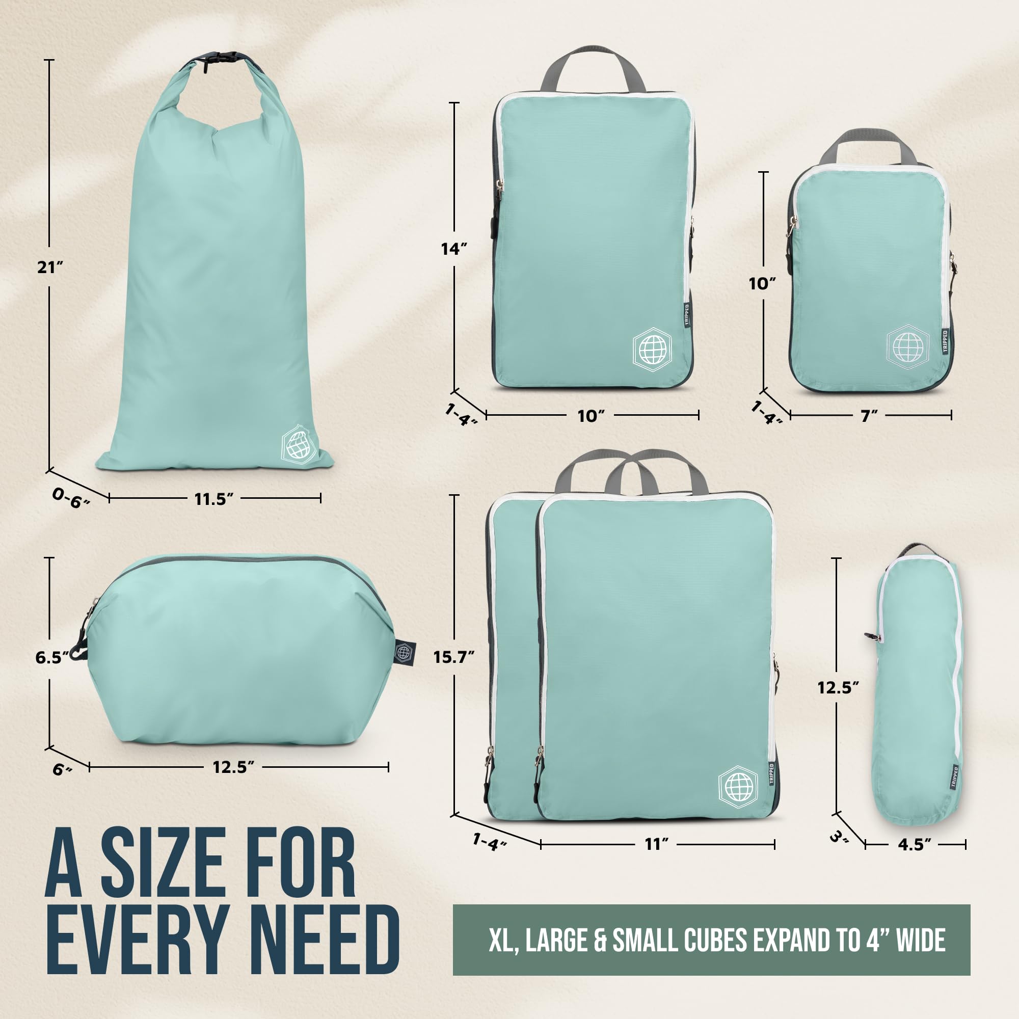 TRIPPED Travel Gear - Set di 7 cubi da imballaggio grandi per bagagli a compressione, ultra leggeri, espandibili, sacchetti a compressione per vestiti di TRIPPED Travel Gear (DustyTeal/bianco)
