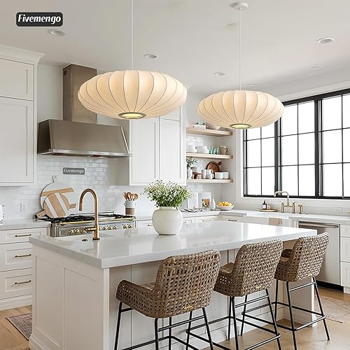 Miniatura 3 de Lámpara colgante grande de 23.6 pulgadas, pantalla de seda sintética blanca, lámpara colgante de burbujas, lámpara colgante simple para sala de