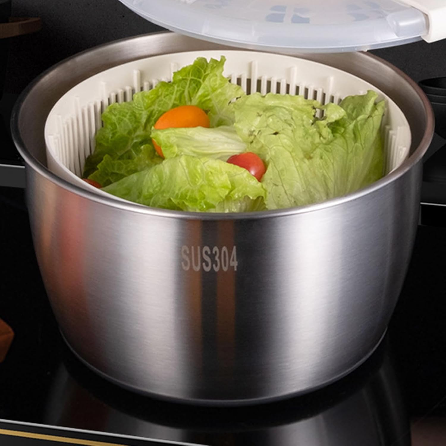Salad Spinner Large, Stainless Steel Lettuce Spinner Salad Dryer with Rotating Handle, Vegetable Washer and Dryer, Veggie Spinners Salads Mixer for Washing Drying Fruits Vegetables