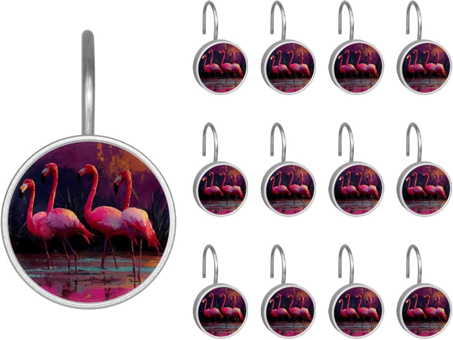 12PCS Pink Flamingos (3) Shower Curtain Hooks Rings for Bathroom, Decorative Shower Curtain Hooks Rods Curtains and Liner