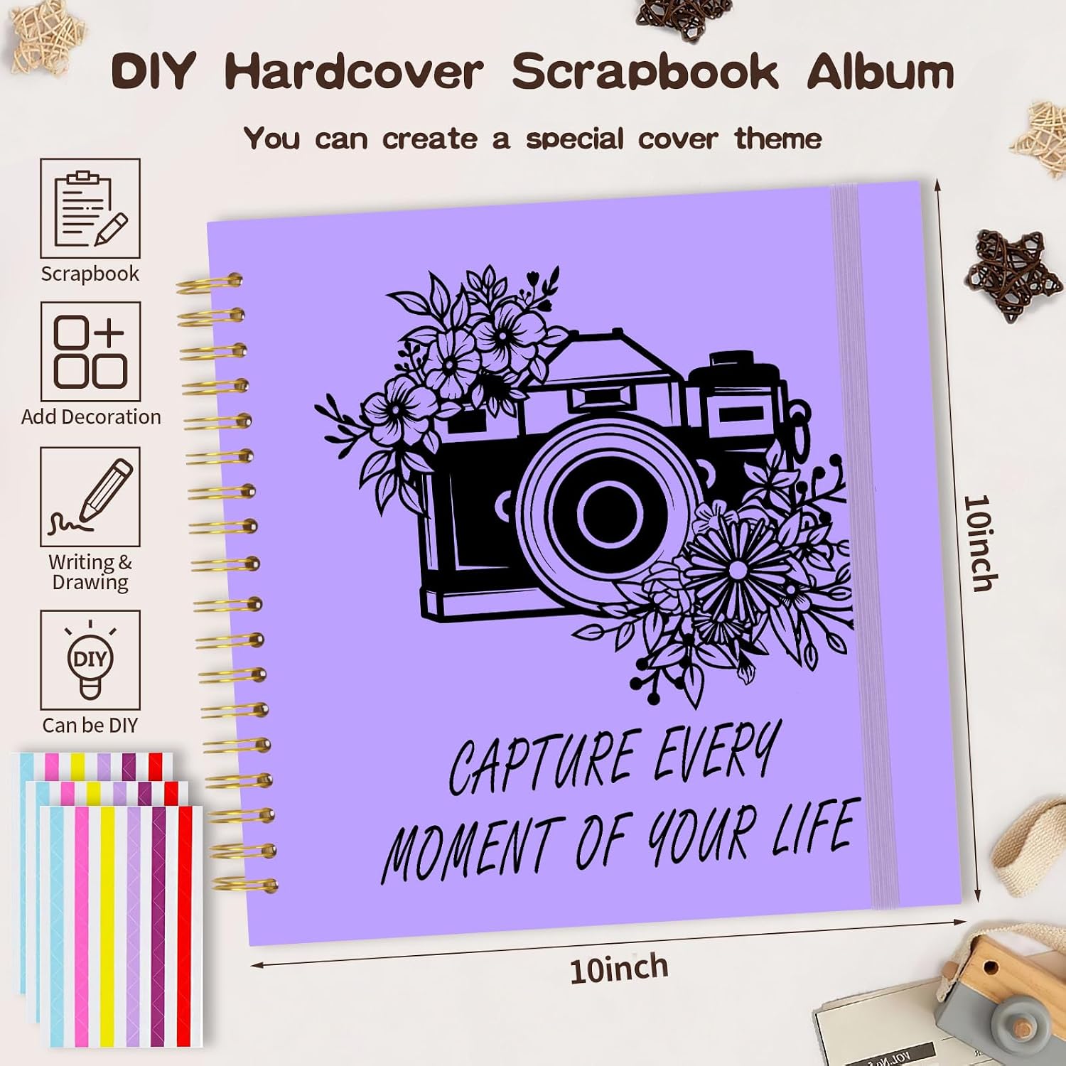 Scrapbook Album 10x10 inch, Travelling Journal Scrap Book Family Scrapbook Scrapbooking Supplies Kits Gift for Couples Anniversary Wedding (purple, 10 x 10 inch)