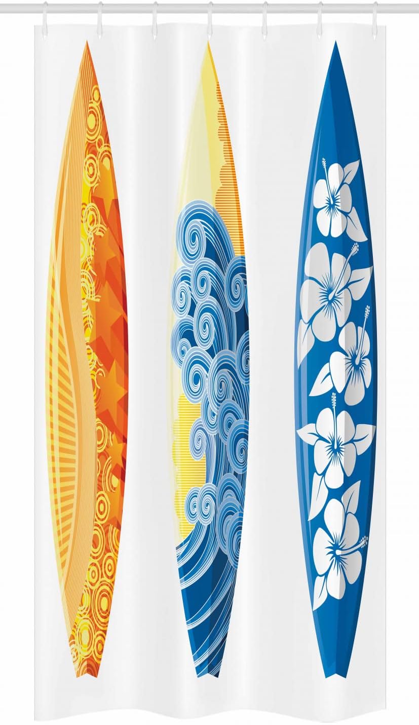 Ambesonne Surf Stall Shower Curtain, Ornate Colorful Surfboards Vocation Fun Water Sports Moving Waves Lifestyle, Fabric Bathroom Decor Set with Hooks, 36" W x 72" L, Blue Orange Yellow