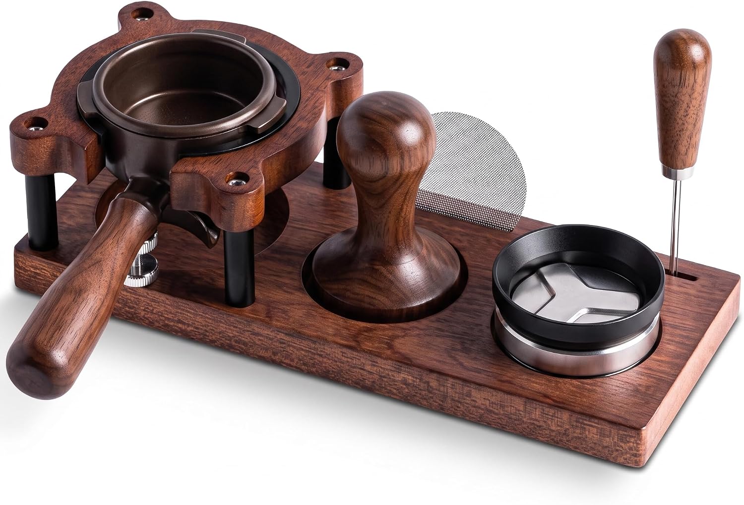 Espresso Tamping Station - Adjustable Portafilter Holder & Tamper Stand, Premium Wooden Coffee Organizer with Silicone Protection, Professional Barista Accessories for Home Cafe