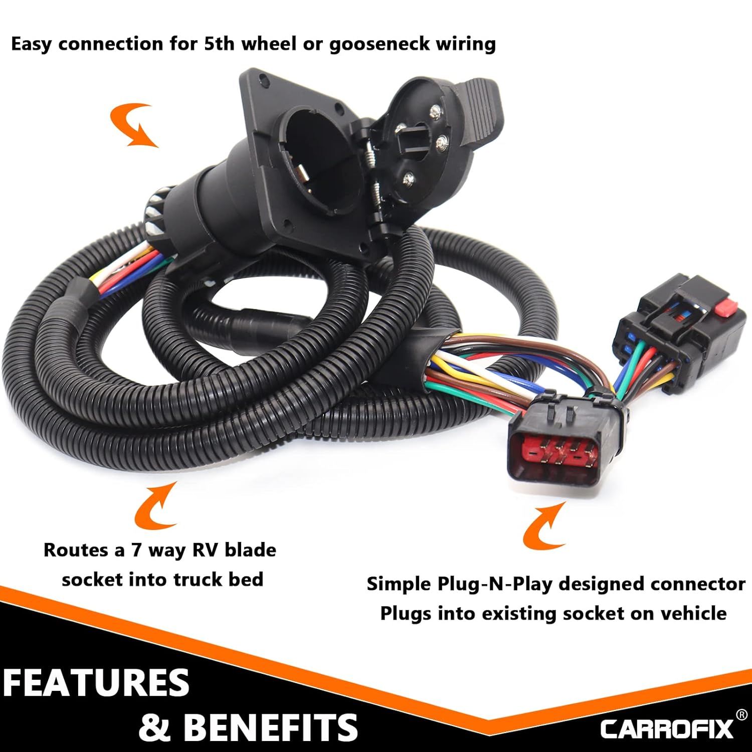 Truck Bed 5th Wheel Gooseneck Wiring Extension Harness with 7 Way RV Blade Trailer Connector, Compatible with 2000-2009 Dodge RAM 1500, 2500, 3500, Dakota
