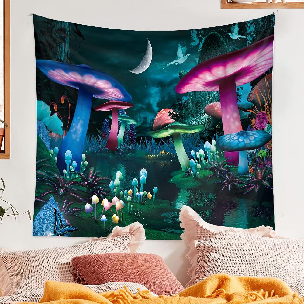 Artwove Mushroom Tapestry Psychedelic Trippy: Mystic Fantasy Plants Black Wall Art Hanging Decor Aesthetic for Men Women Dorm Home Living Room Bedroom(Small: 59.1"W x 51.2"H) : Everything Else